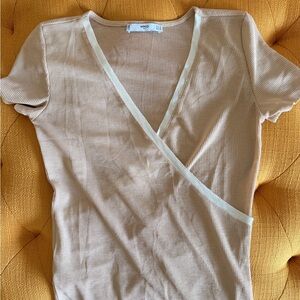 Mango Beige Ribbed Wrap-Style Short Sleeve Top